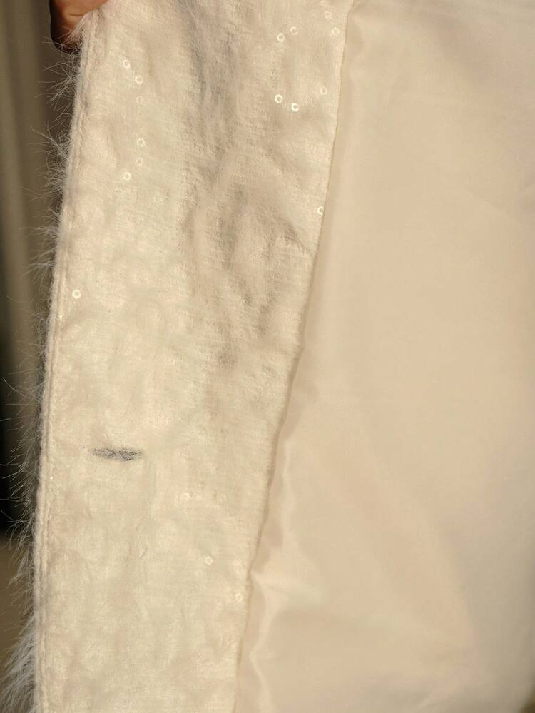 FUZZY LAPEL COLLAR DOUBLE BREASTED PLACKET RHINESTONE DETAIL OVERCOAT