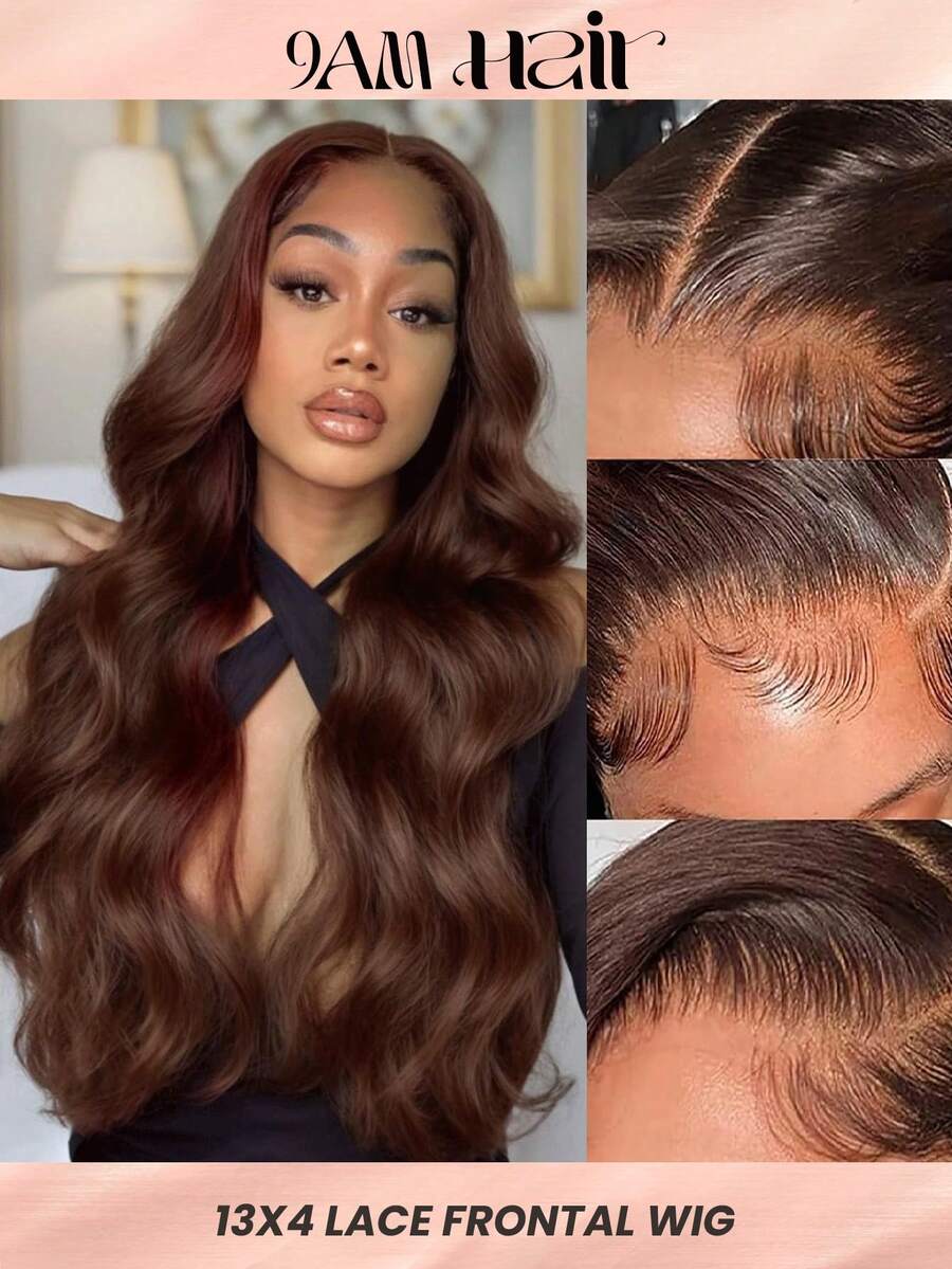 26 英寸 13x4 巧克力棕色波浪蕾丝前部真人发假发透明蕾丝前部假发预拔蕾丝假发女士 #4 棕色假发 Humna Hair - S4 - 查看 1