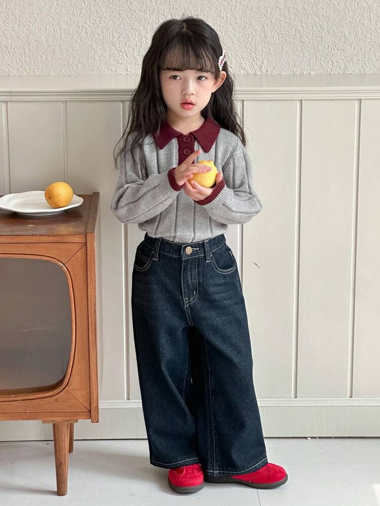Young Girl' Contrast Color Polo Collar Korean Style Long Sleeve Sweater, Spring/Autumn