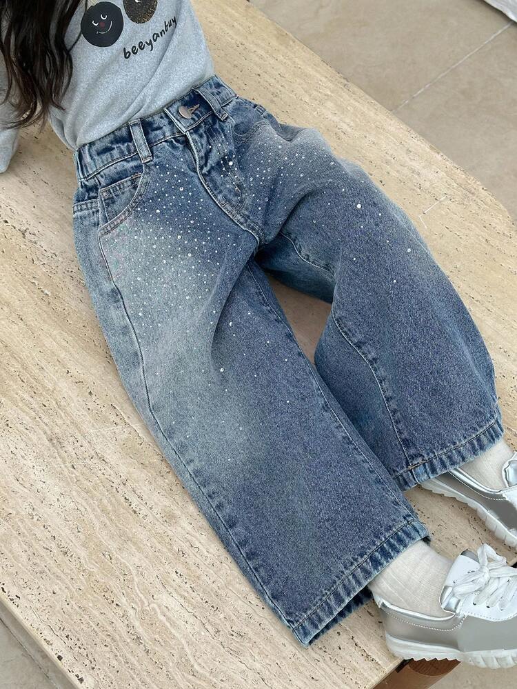 Young Girl Casual Korean Style Washed Rhinestone Loose Denim Jeans Fall, Winter