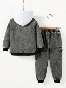 SHEIN 两件套男童做旧加厚抓绒领棒球夹克和休闲工装裤套装，适合居家、外出、街头摄影，休闲韩版风格 - 彩色 - 查看 2