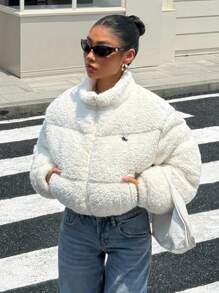 SHEIN EZwear Áo khoác ngắn đệm bông thêu cổ lông mùa đông cho nữ - trắng - Xem 7