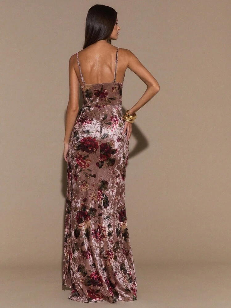 SHEIN BAE Vestido largo con estampado floral y ribete de encaje, vestido maxi ajustado con tirantes de espagueti y abertura alta, vestido elegante que se ajusta a la curva para mujer, vestido de vacaciones, vestido para cita de San Valentín, vestido de dama de honor, vestido estampado - Multicolor - Añade 2