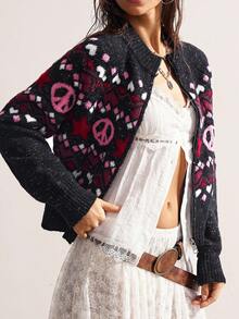 Bohemela Cárdigan con cremallera y mangas raglán con patrón geométrico para mujer en otoño/invierno - Negro - Ver 4