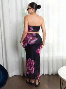 Melissa Matos Bộ 2 món/Bộ áo ống in họa tiết hoa lưới và chân váy xếp ly cho nữ - Màu Hồng Tươi - Xem 2