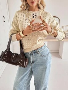 Siren Gaze كنزة صوفية بأكمام طويلة وياقة طاقم مزينة بالترتر للنساء - لون مشمشي - مشاهدة 3