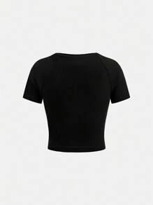 SHEIN Girlism Tween Girls 运动风格条纹和数字印花短袖 T 恤，适合日常休闲穿着 - 黑色 - 查看 2