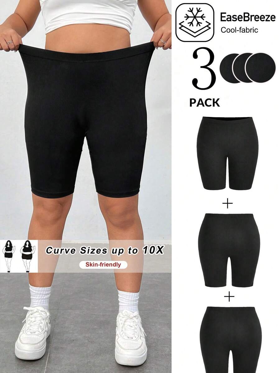 SHEIN CURVE+ Plus Size 3-Pack EaseBreeze Cool-Fabric Short Leggings: Skin-Friendly, Casual Comfort For Curves, Polyester Stretch, Sizes Up To 10X - Black - View 1