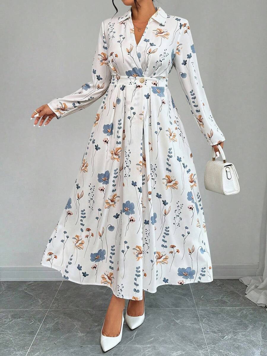 Elenzga Plus Size Random Floral Print Crisscross Wrap Long Sleeve Dress Maxi Women Outfit Fall Cloth For Women