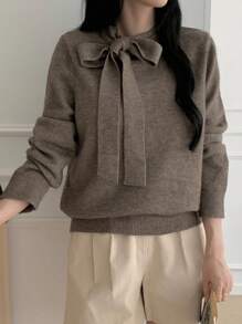 DAZY New Arrival Solid Color Casual Bowknot Knot Decor Women Sweater, Autumn,Fall Women Clothes - Brown - View 5