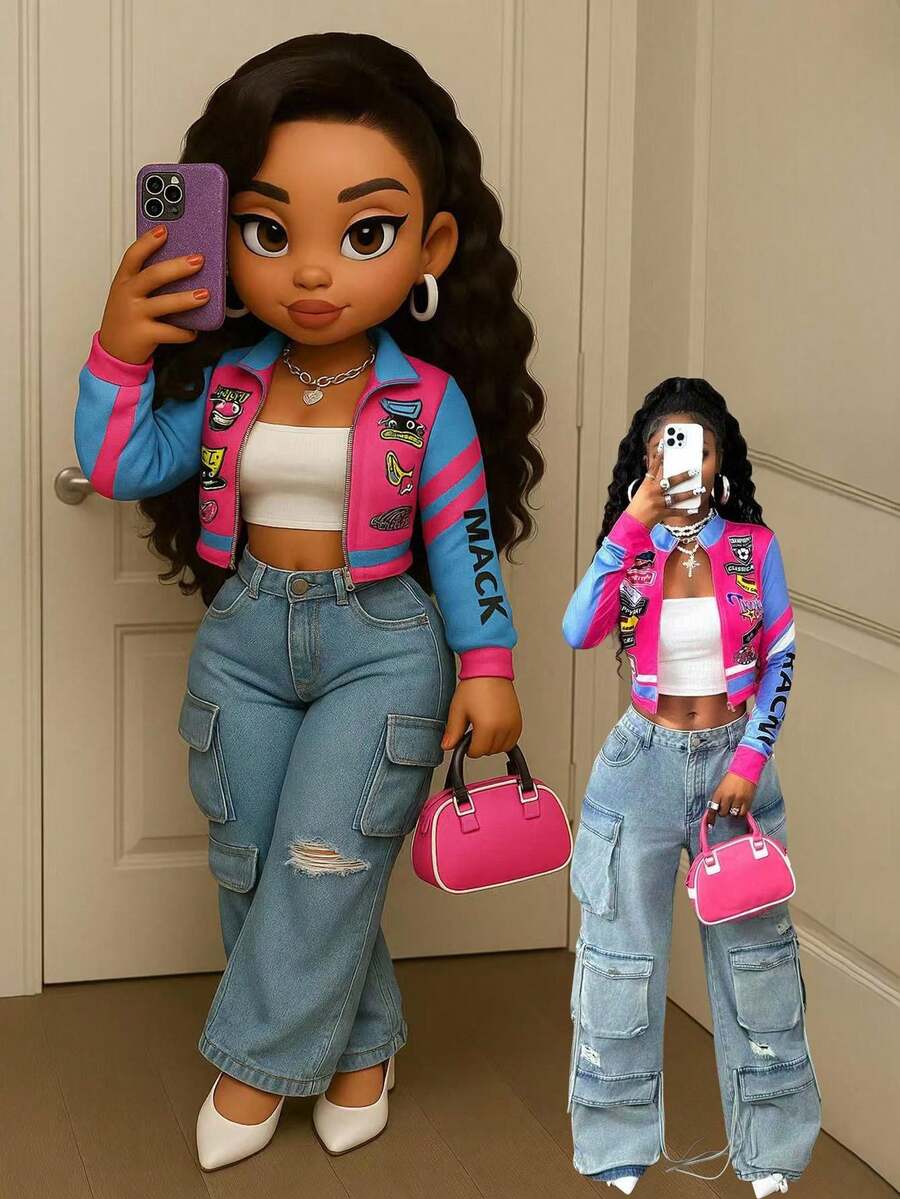 BamGleam 女式摩托车字母印花短款轻便夹克