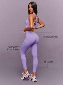 GLOWMODE Mallas de compresión con espalda cruzada suave y elástica FeatherFit™-Sculpt Power Form de 24", para entrenamiento de alto impacto, running, entrenamiento, gimnasio, estudio y uso diario activo - Lila Púrpura - Ver 2