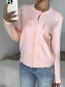 SHEIN CovetEZ 女士柔粉色蝴蝶结单排扣开衫，适合秋冬季 - 粉色 - 查看 4