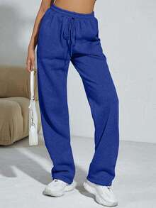 SHEIN Cottnline Women's Solid Color Drawstring Waist Pockets Straight Loose Casual Sweatpants - Royal Blue - View 3