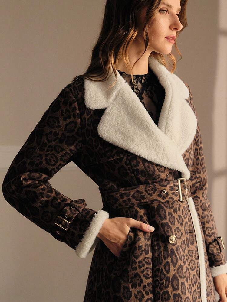 LEOPARD PRINT CONTRAST TEDDY PANEL BELTED FAUX FUR COAT