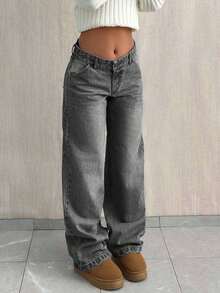 EURMUSE PETITE CASUAL LOW WAIST BAGGY LOOSE STRAIGHT LEG JEAN - Grey - View 3
