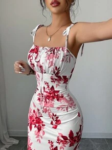 SHEIN Elenzya Váy thiết kế xẻ tà, thắt nơ eo, dây mảnh dành cho nữ mới, đa năng cho các buổi hẹn hò, tiệc tùng, mặc hàng ngày, tôn dáng và thanh lịch - Đỏ - Xem 4