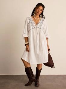 Freevana 大码女式宽松休闲七分袖度假连衣裙刺绣秋装荷叶边半身裙波西米亚风女装早午餐装女士机场装 - 白色 - 查看 4