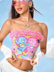 SHEIN X Care Bears 女款 Y2K 可爱小熊印花拼接蓬松修身短款抹胸，夏季 - 粉色 - 查看 5