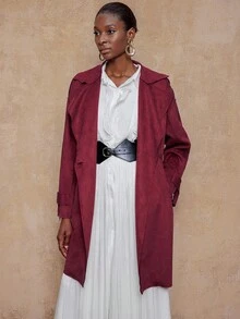 SHEIN Privé VITNOS Women's Burgundy Autumn Elegant Office Solid Color Lapel Neck Casual Trench Coat,High-End Winter Long Jacket For Date Night,Parties,Holiday - Khaki - View 9