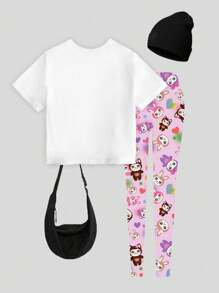 2pcs Girls Casual Cartoon Cute Colorful Rabbit Design Slogan Print Short Sleeve T-Shirt And Leggings Set, Back To School Outfit Tween Girl Shirt And Pants Girls Leggings Set Kids Tshirt And Leggings Set Tween Leggings Set Girls Graphic Tee And Leggings