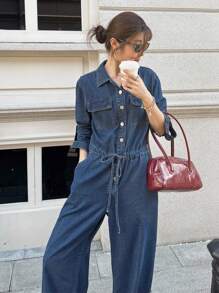 SHEIN Unity 女式秋季深牛仔蓝休闲通勤抽绳腰牛仔连体裤，秋季女装，外出服，商务休闲女装 - 中等水洗藍 - 查看 1