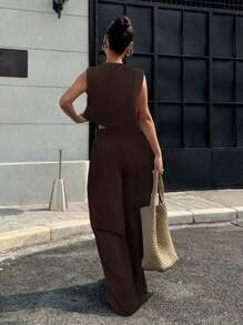 Muchica Women's Coffee Brown Round Neck Casual Loose Top & Pants Set - Coffee Brown - View 2