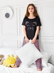 少女粉色小猫短袖上衣和豹纹裤睡衣套装 - 粉色 - 查看 1