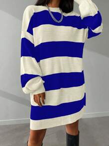 Cloudara Two Tone Drop Shoulder Sweater Dress - Blue - View 6