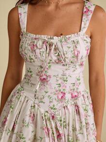 Enchnt 秋冬浪漫女士杏色花卉印花褶皱胸围吊带迷你连衣裙，甜美优雅，适合度假、约会、节日、生日、派对、毕业典礼、婚礼宾客、办公室和外出，舞会礼服，女士秋冬连衣裙，女士秋冬服装，返校，优雅的派对连衣裙， - 杏色 - 查看 2