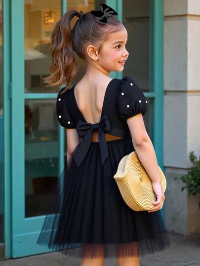 Elladie kids Girls' Sweet Solid Color Puff Sleeve Dress With Beaded & Mesh Crafts, Removable Bow Back, Suitable For Casual, Holiday, Party Wear