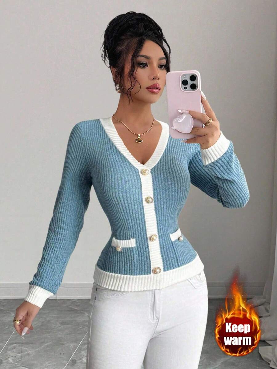 Selianne 新款拼接二合一V领修身长袖T恤，秋冬图案T恤女款春季上衣 - 彩色 - 查看 1