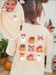 SHEIN 1 件年轻女孩休闲南瓜蝴蝶结和鬼魂印花宽松短袖 T 恤，时尚可爱，适合万圣节和夏季 - 米色 - 查看 6