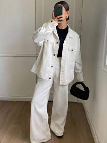 DAZY 女士宽松休闲白色牛仔套装，秋季新品 - 白色 - 查看 3