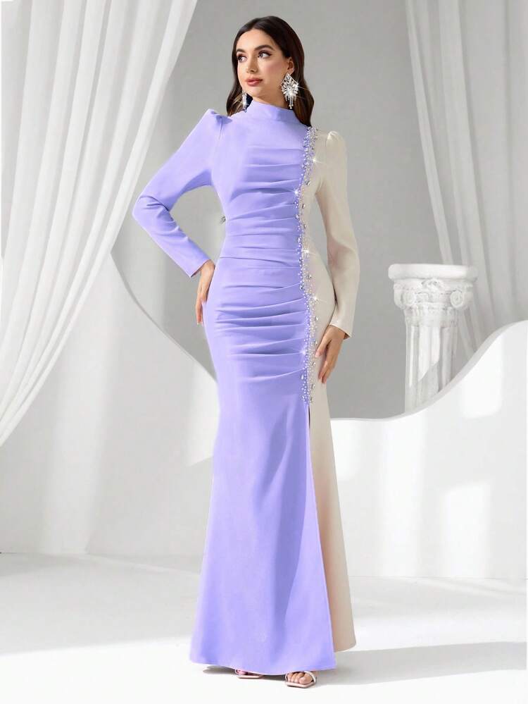 Coutiva Vestido de noche de alta gama con diseño de bloques de color con rhinestones, elegante vestido de lujo de alta calidad y de moda - Púrpura malva - Añade 3