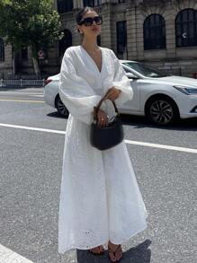 Livesso Autumn/Winter New Loose Casual Women Hollow Out Embroidery Lantern Sleeve Dress - White - View 3