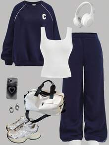 SHEIN Girlism Tween Girls 3 PiecesOutfit Set: Thermal Lined Sweatshirt, Vest, And Sweatpants, Casual School/Sports Wear, Loose Fit, Letter Applique, Long Sleeve Sweatshirt, Fitted Knit Vest With Contrast Trim, Deep Blue/Navy Fall Winter - Royal Blue - View 3