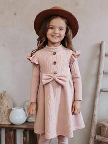 SHEIN 年轻女孩休闲复古优雅立领纹理提花纽扣系带长袖宽裙连衣裙。长袖连衣裙。秋季连衣裙。派对连衣裙。简单休闲，可爱优雅。秋季连衣裙。日常穿着。适合秋冬。 - 粉色 - 查看 3