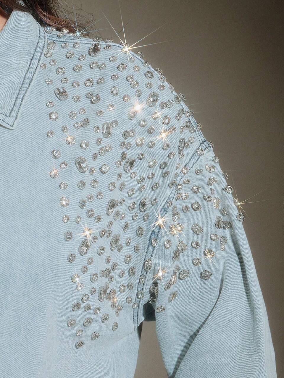 Vintage Retro Rhinestone & Pearl Embellished Denim Blouse For Women, Elegant For Spring, Holiday, Casual, Festival, Vacation