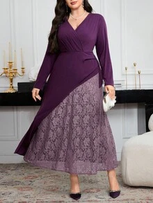 Modelyn Plus Size Women Elegant Fitted Mesh Patchwork Long Sleeve Dress Fall Cloth For Women - Purple - View 5