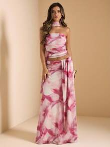 SHEIN BAE 秋季花卉吊带褶皱吊带背心和低腰褶皱雪纺长裙两件套，海滩度假装，女士演唱会礼服，婚礼伴娘两件套 - 彩色 - 查看 3