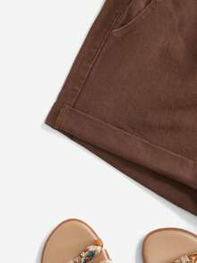 EMERY ROSE Women's Solid Color Elastic Waist Pocket Cuffed Casual Denim Shorts, Versatile For Summer