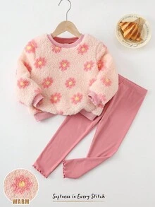 Cozy Pixies 2件套少女花卉印花羊毛圆领长袖运动衫和松紧腰喇叭裤套装 - 粉色 - 查看 7