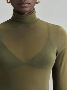 Ontre 2026春夏新款斯德哥尔摩风格，女教师套装，当季女装，网纱面料，四向弹力，百搭休闲装，2025新款，夏季女装，杏色雪纺衬衫，女士上衣，透视上衣，当季上衣，橄榄绿上衣，高领上衣，卡其色上衣，紧身上衣，现代都市休闲时尚，商务休闲，女士办公室着装，低调复古风，轻松优雅，高端都市通勤，高品质机场时尚，优质面料 - 綠色 - 查看 6