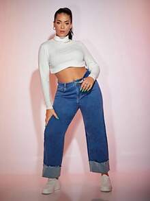EURMUSE Plus Size Plain Simple Casual Jeans - Baby Blue - View 4