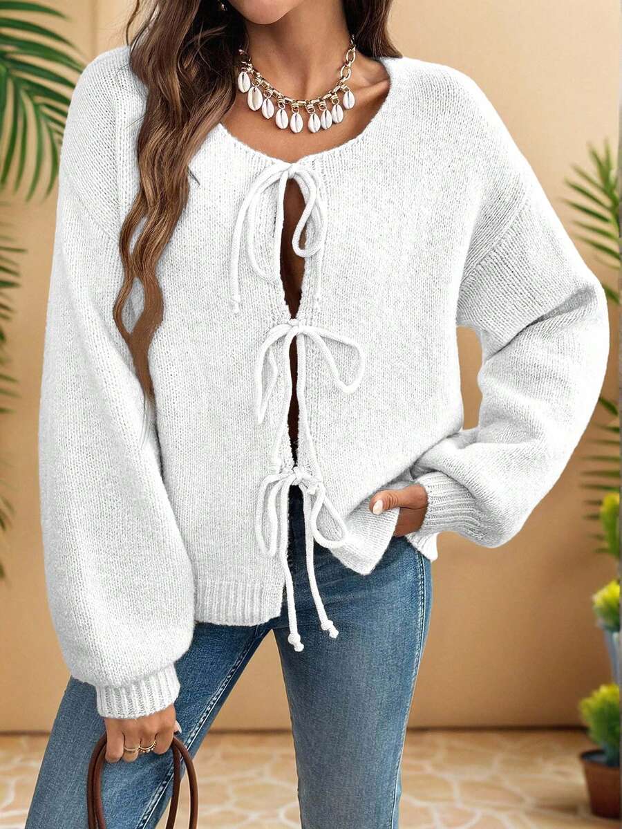 EURMUSE 女士休闲宽松纯色系带长袖开衫 - 白色 - 查看 1