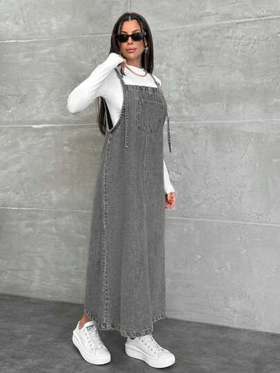 EURMUSE WOMEN LONG DENIM DRESS POCKET DETAILED