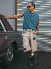 AXEPEAK Camiseta de tirantes para hombre con estampado gráfico, de corte holgado y cuello redondo, en tallas surtidas de estilo urbano - Azul - Ver 3