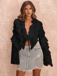 SHEIN BAE 女士白色长袖系带荷叶边透明衬衫，度假衬衫，荷叶边衬衫 - 黑色 - 查看 5