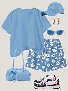 Emery Rose Kids Emery Rose Kids Bộ 2 món áo ngắn tay tối giản thường ngày và quần short cho bé gái tuổi mới lớn, phù hợp cho mùa hè - Nhiều màu - Xem 2